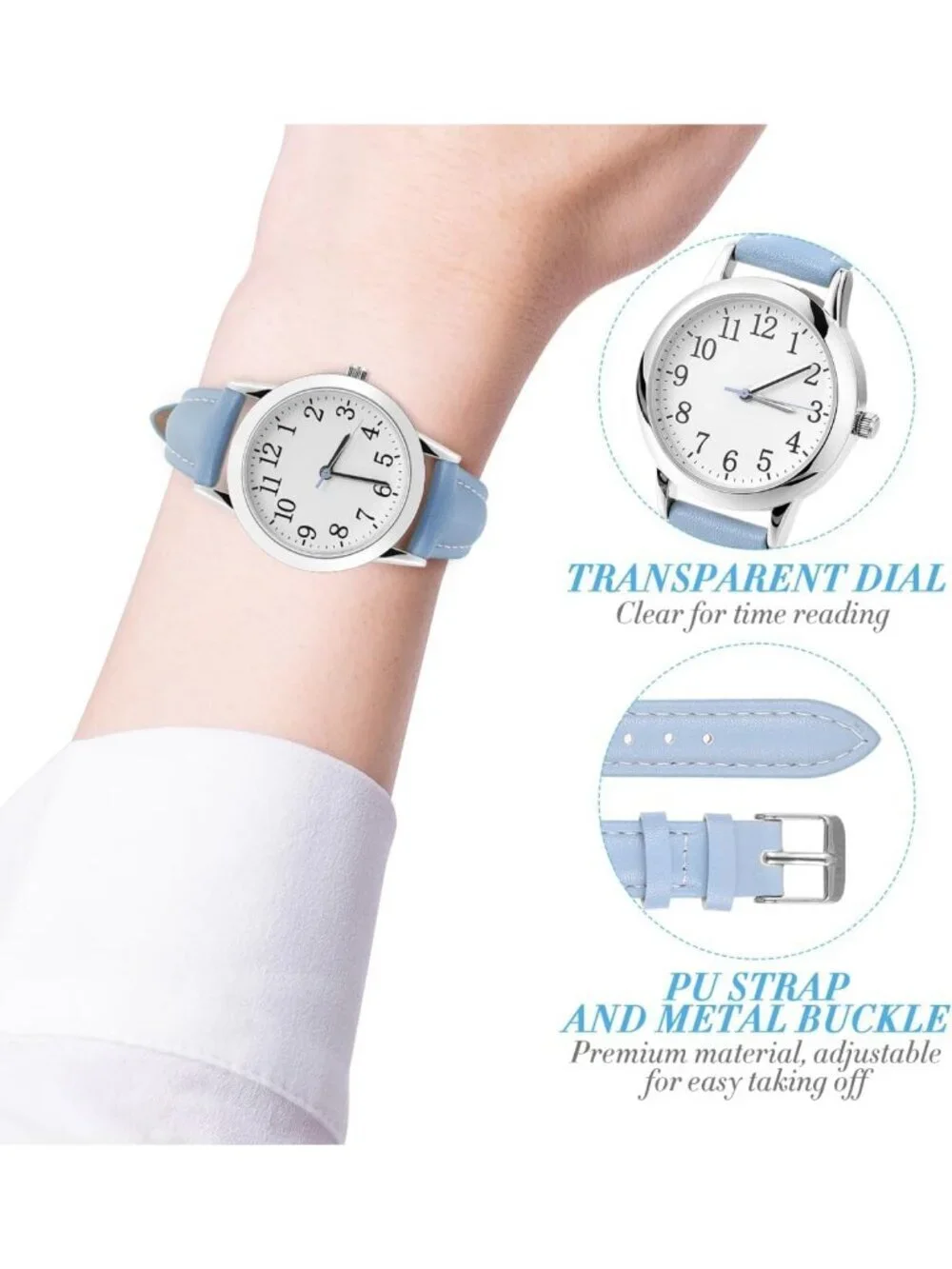 Women's Blue White Analog Quartz Leather Band Round Dial Waterproof Wrist Watch
